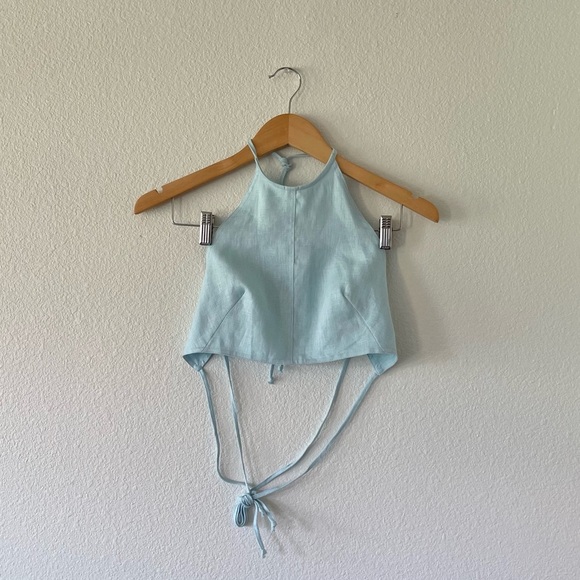 NWT MATTHEW BRUCH Tie Halter Crop Top & Kick Pleat Mini Skirt Set in Aqua - Picture 3 of 10